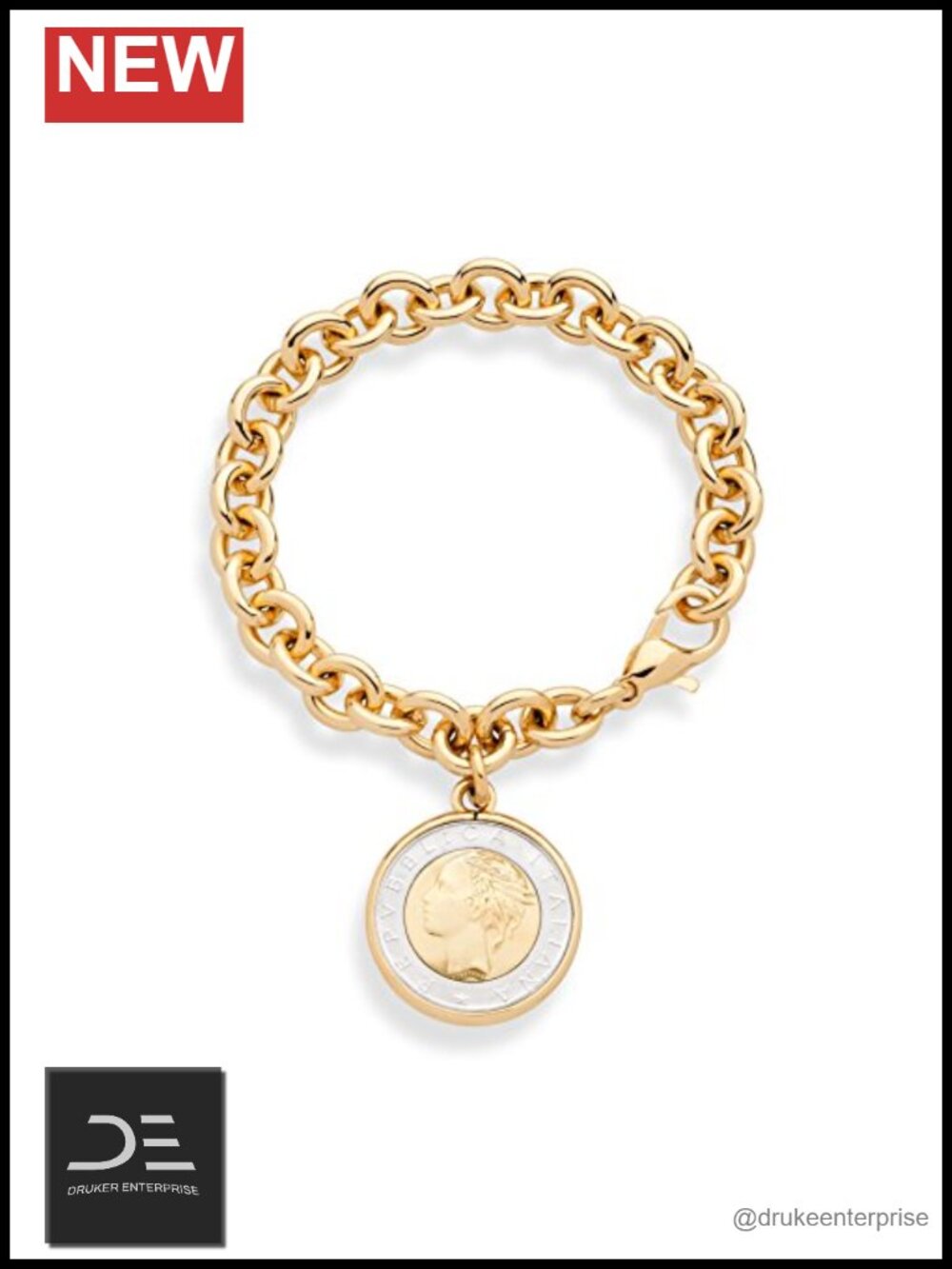 18K Gold Plated Bronze Italian Genuine 500-Lira Coin Charm Rolo Link Bracelet
